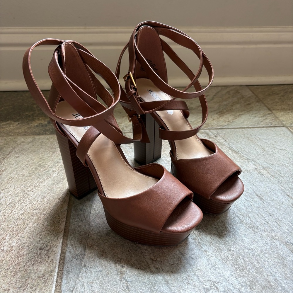 Just Fab cognac brown multi ankle strap platform sandals size 6 Rosalinda NWOB